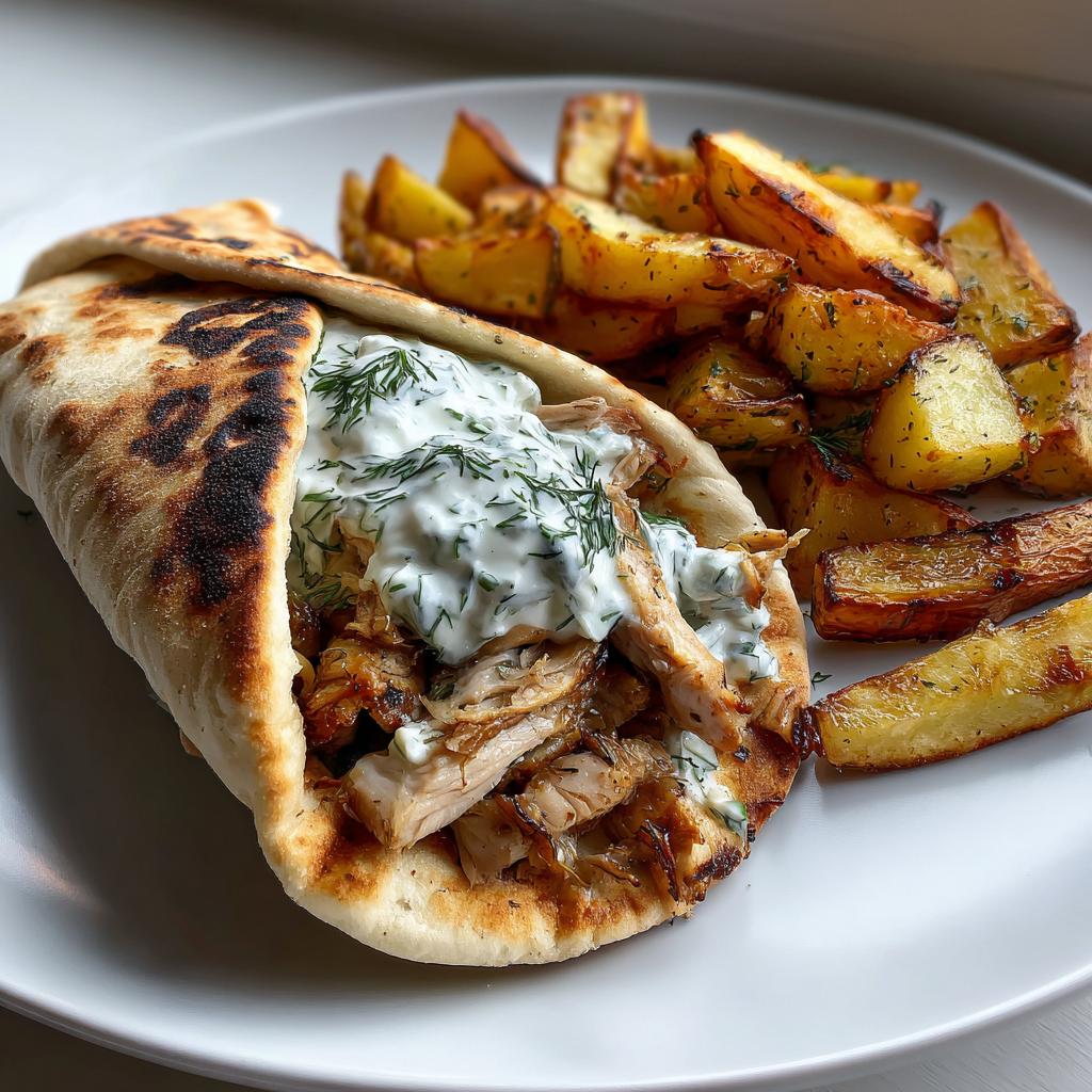 Delicious Greek Chicken Gyros with Homemade Creamy Tzatziki Sauce and oven-roasted potatoes