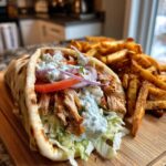 Delicious Greek Chicken Gyros with Homemade Creamy Tzatziki Sauce and seasoned fries
