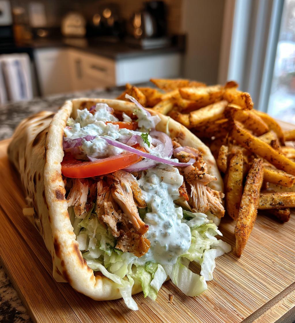 Delicious Greek Chicken Gyros with Homemade Creamy Tzatziki Sauce and seasoned fries