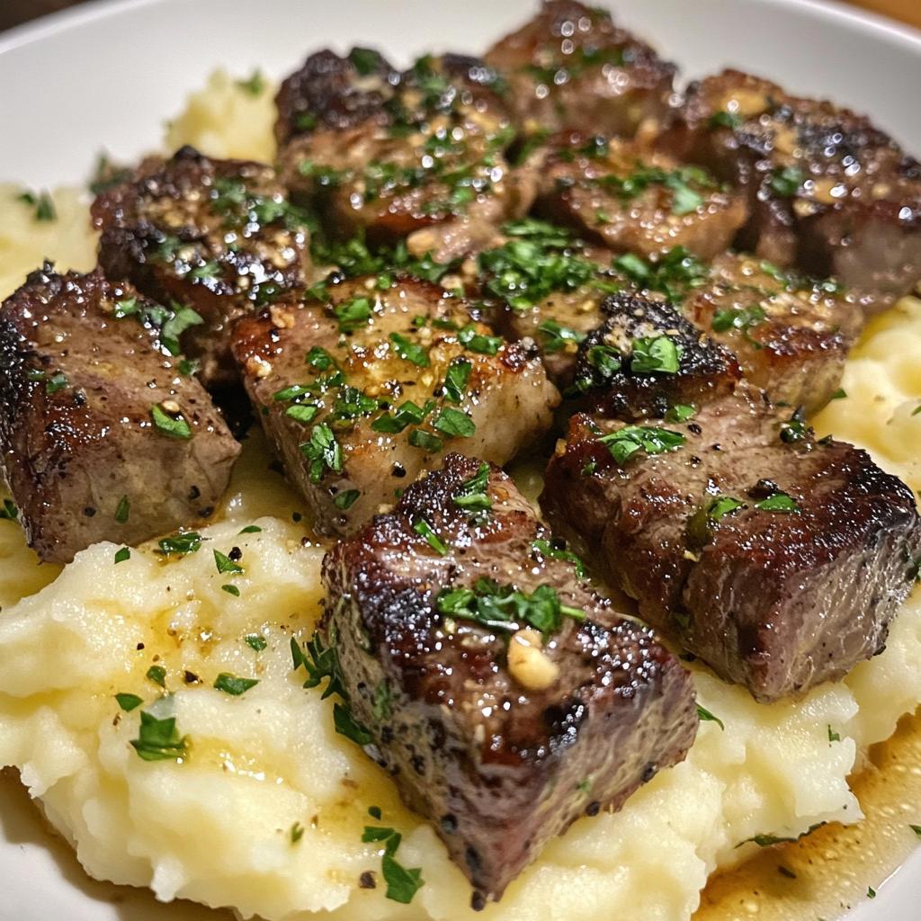 Garlic Butter Steak Bites with Mashed Potatoes