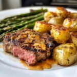 Garlic Butter Steak and Cheddar Cheese Potatoes with Asparagus
