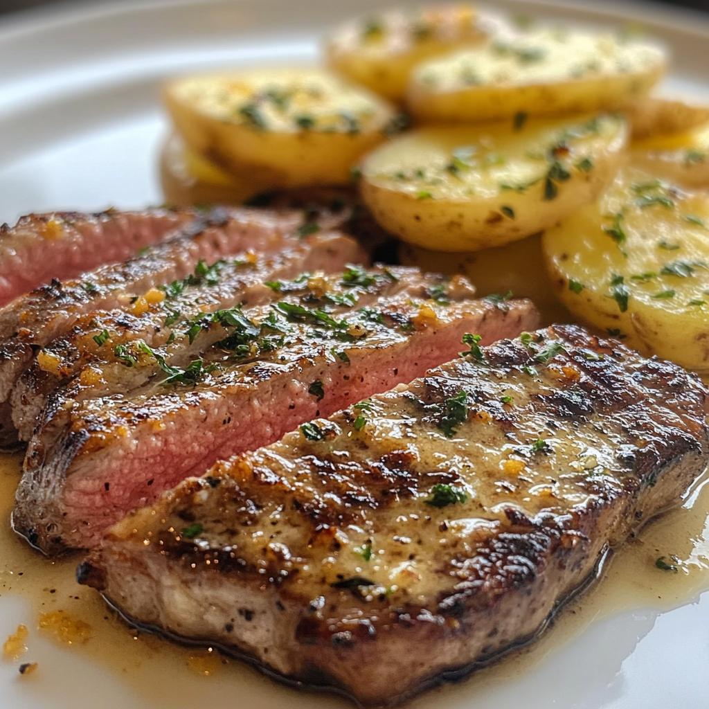 Garlic Butter Steak and Cheddar Cheese Potatoes with Garlic Bread