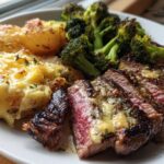 Garlic Butter Steak and Cheddar Cheese Potatoes with Roasted Broccoli