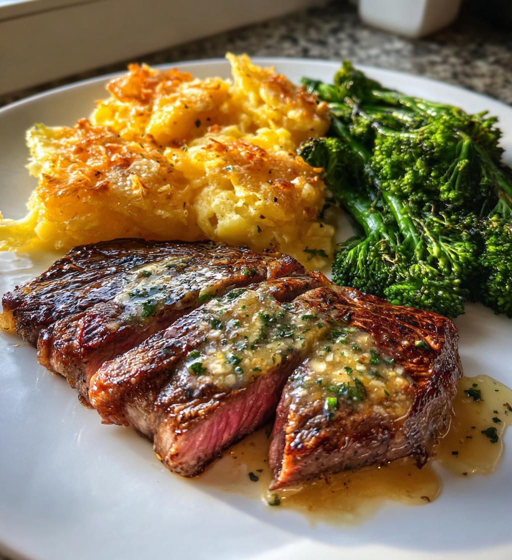 Garlic Butter Steak and Cheddar Cheese Potatoes with steamed broccoli and pepper sauce