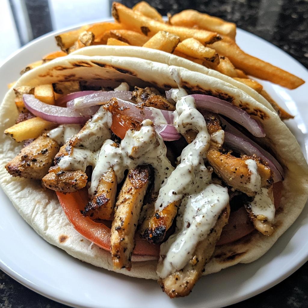 Greek Chicken Gyros with Fries and Garlic Sauce