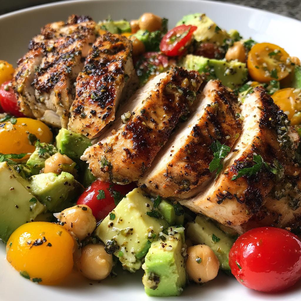 Greek-yogurt marinated chicken served over a fresh avocado-chickpea salad.