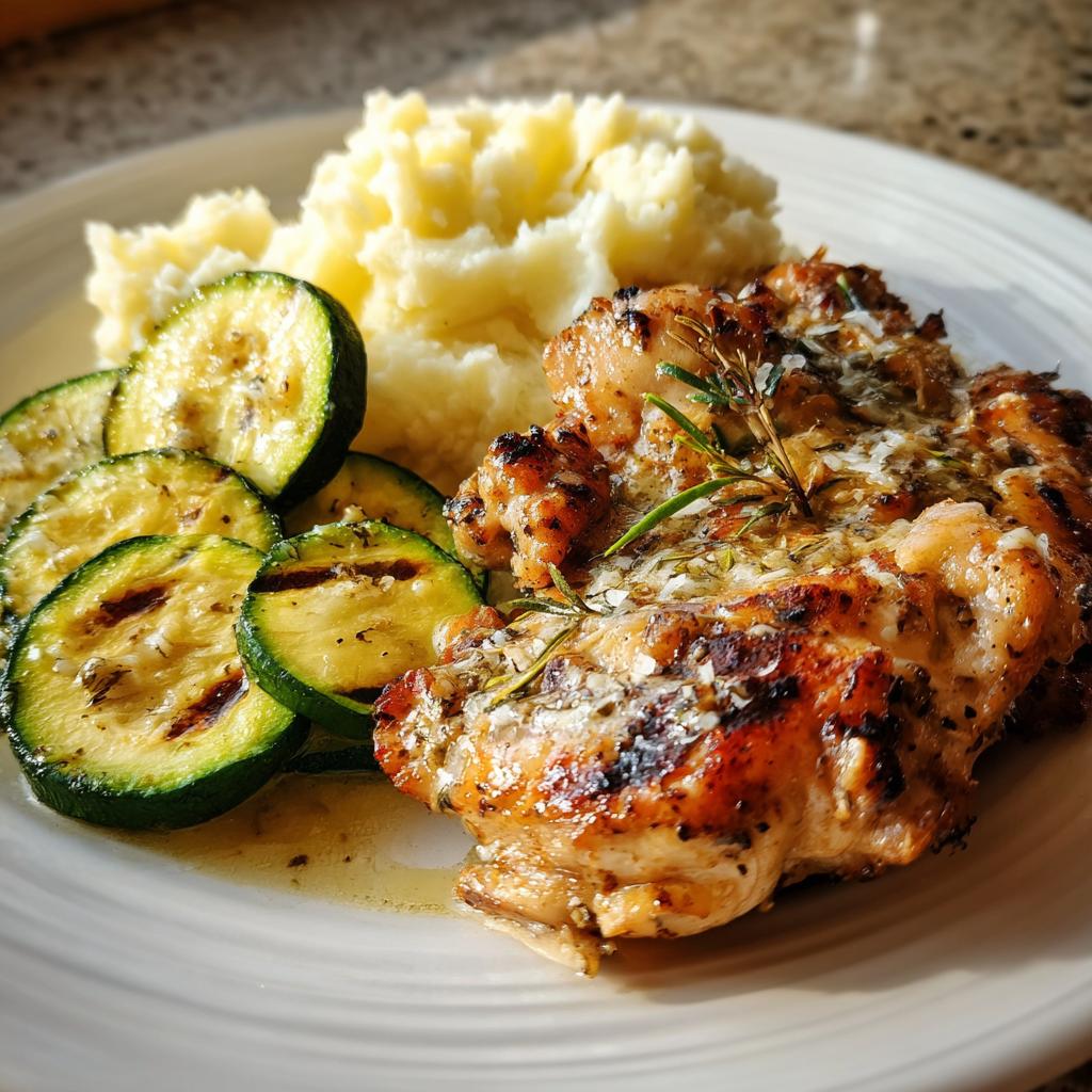 Mediterranean Lemon Chicken Dishes with grilled zucchini and mashed potatoes