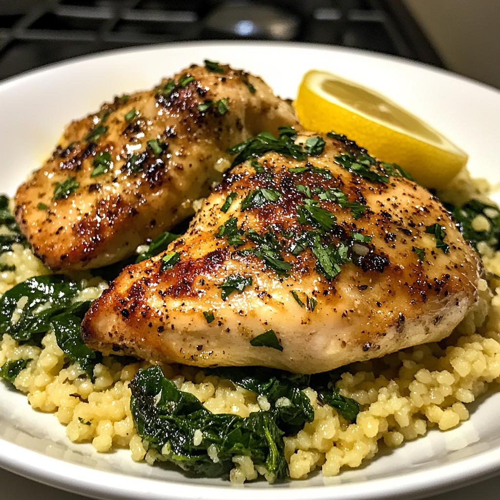Mediterranean Lemon Chicken Dishes with herbed couscous and sautéed spinach
