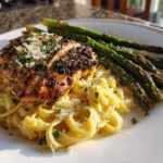 Mediterranean Lemon Chicken Dishes with lemon butter pasta and grilled asparagus