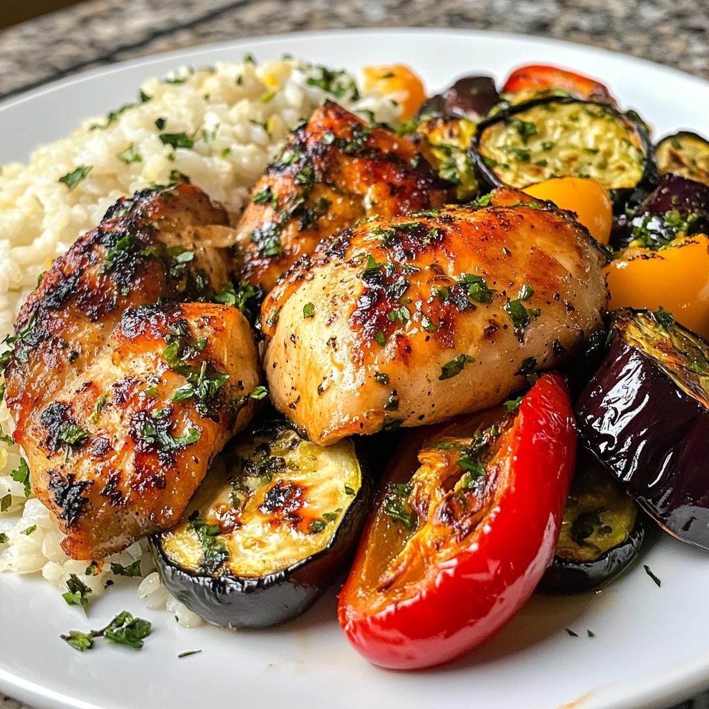 Mediterranean Lemon Chicken Dishes with roasted vegetables and rice pilaf