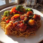Orange Crispy Chicken Recipe with crispy noodles and stir-fried vegetables