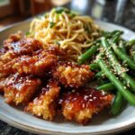 Orange Crispy Chicken Recipe with noodles and sesame green beans