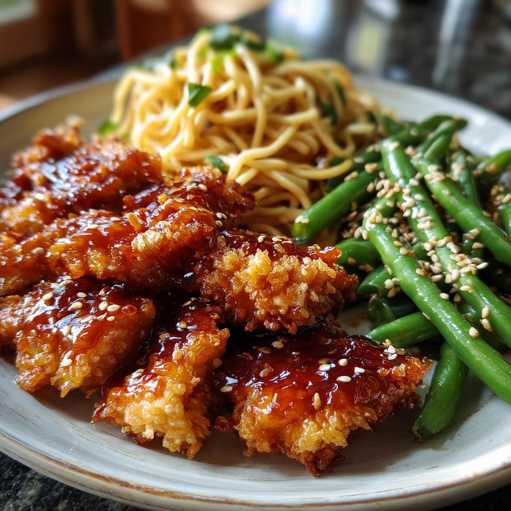 Orange Crispy Chicken Recipe with noodles and sesame green beans