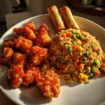 Orange Crispy Chicken Recipe with vegetable fried rice and spring rolls