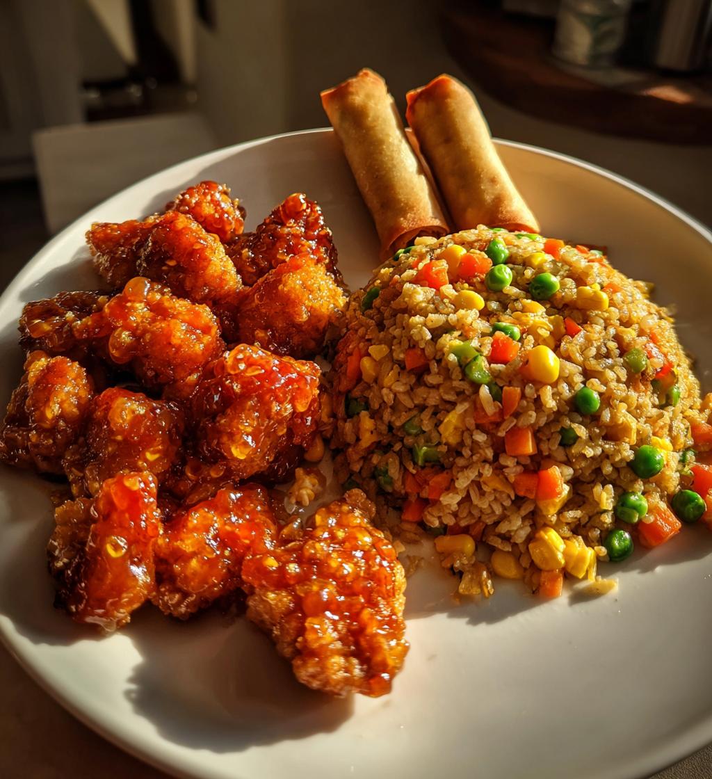 Orange Crispy Chicken Recipe with vegetable fried rice and spring rolls