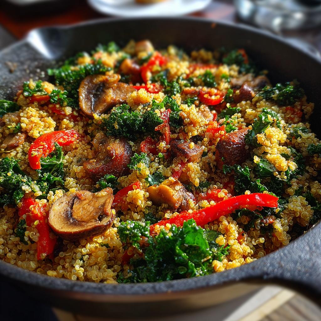 Quinoa veggie skillet with mushrooms, kale, red pepper and a light Mediterranean seasoning.