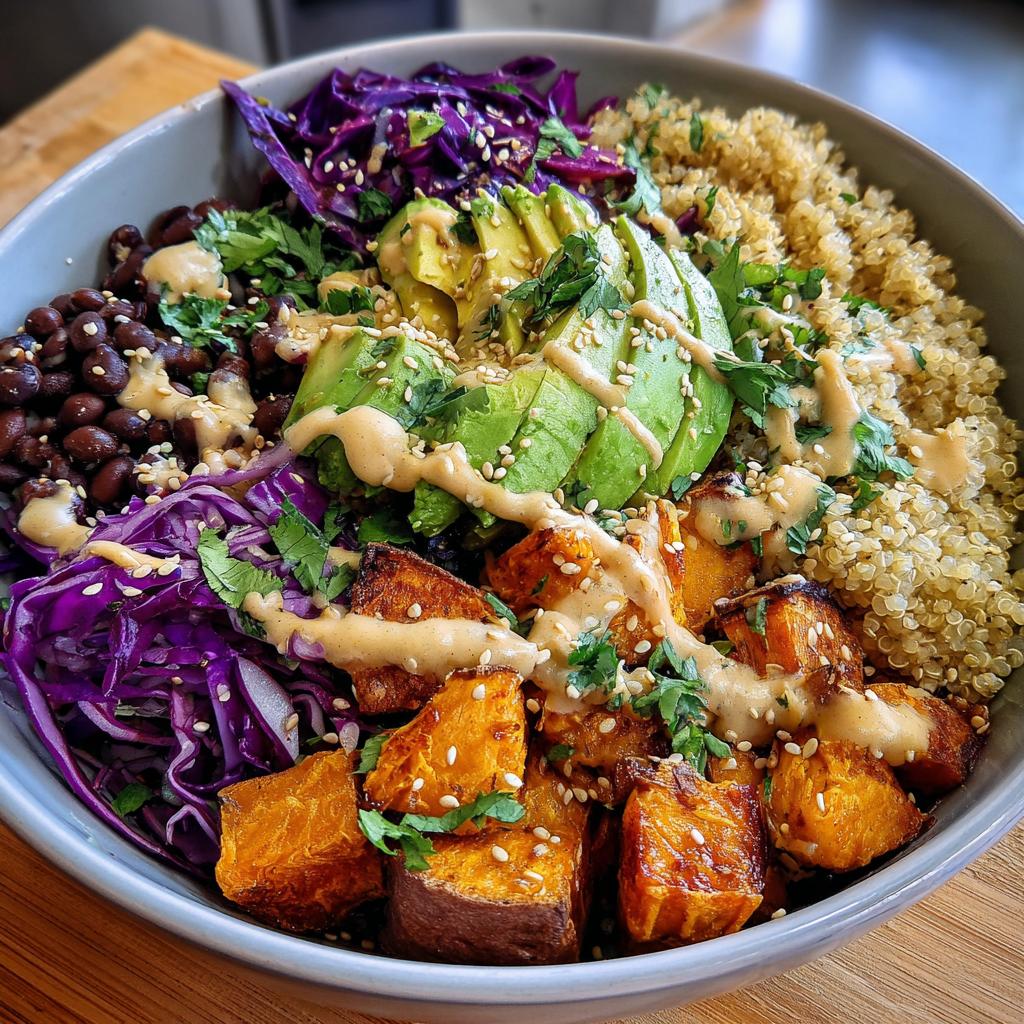 Roasted sweet potato & black bean Buddha bowl drizzled with tahini-lime dressing.