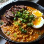Spicy Korean Ramen with Grilled Beef and Creamy Sauce