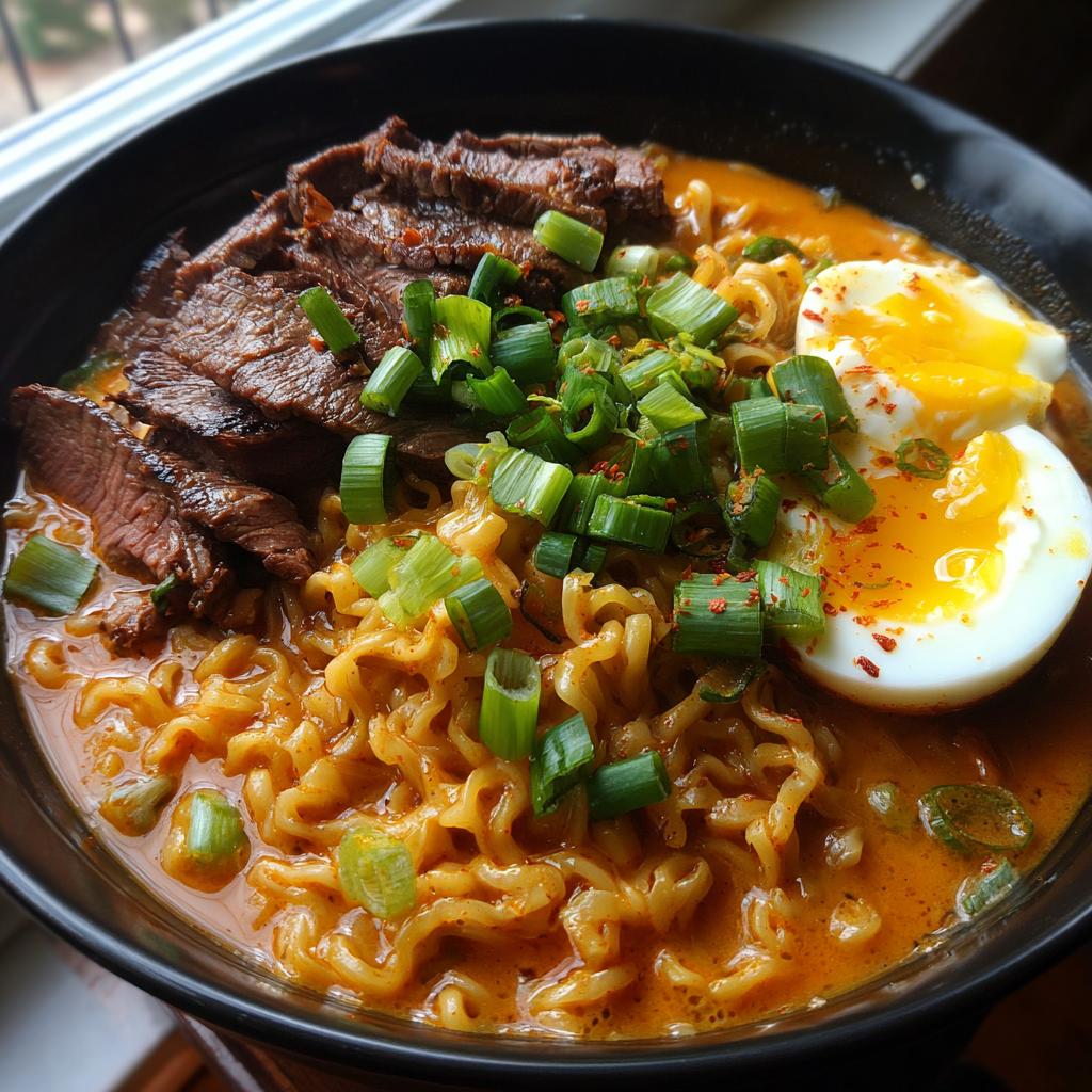 Spicy Korean Ramen with Grilled Beef and Creamy Sauce