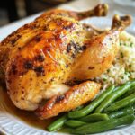 Sweet and Delicious Whole Roast Chicken Recipe with buttery rice and green beans