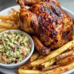 Sweet and Delicious Whole Roast Chicken Recipe with crispy fries and creamy coleslaw