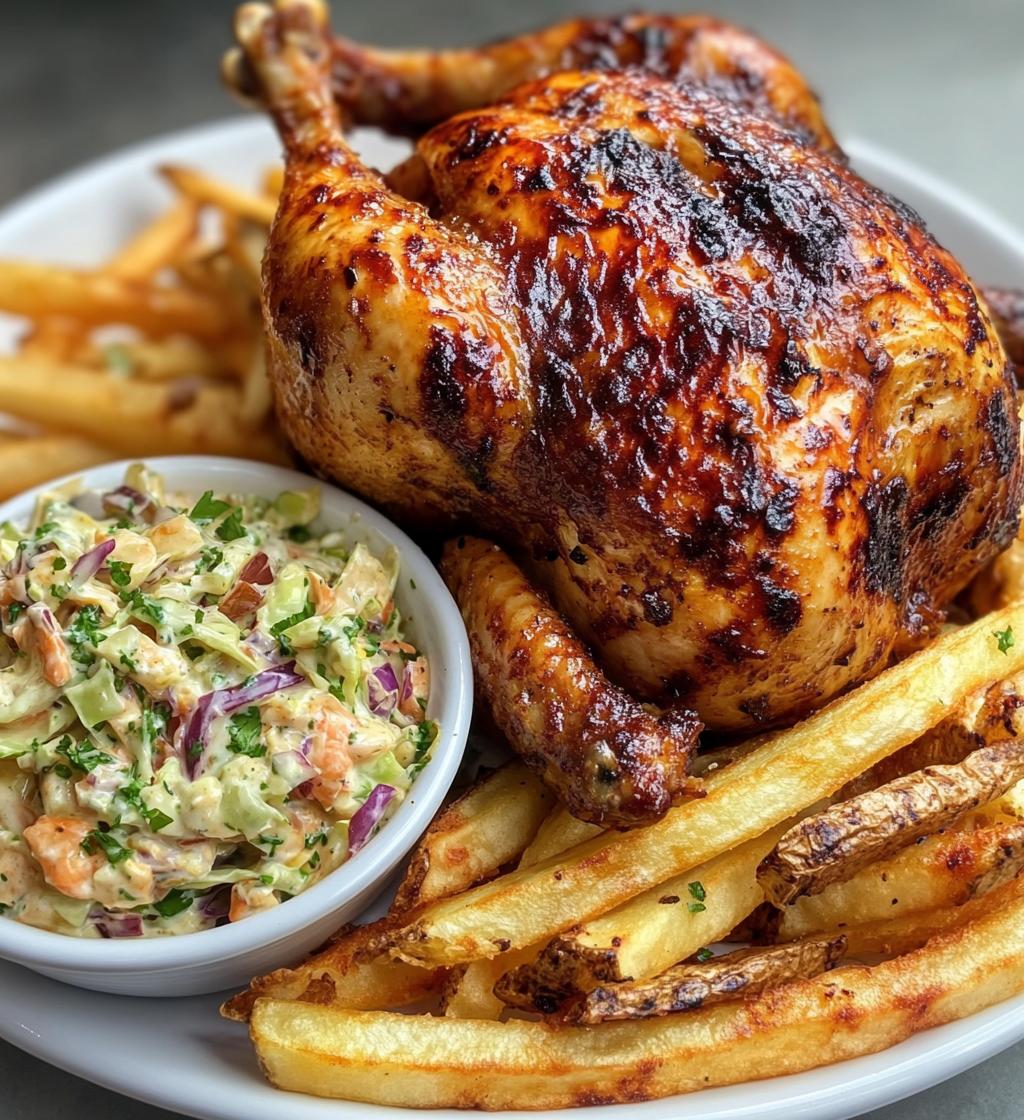 Sweet and Delicious Whole Roast Chicken Recipe with crispy fries and creamy coleslaw