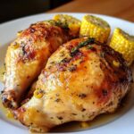 Sweet and Delicious Whole Roast Chicken Recipe with roasted sweet corn and lemon butter sauce