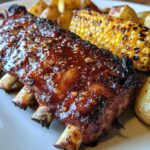 Tender Oven-Baked Ribs with grilled corn on the cob and potato wedges
