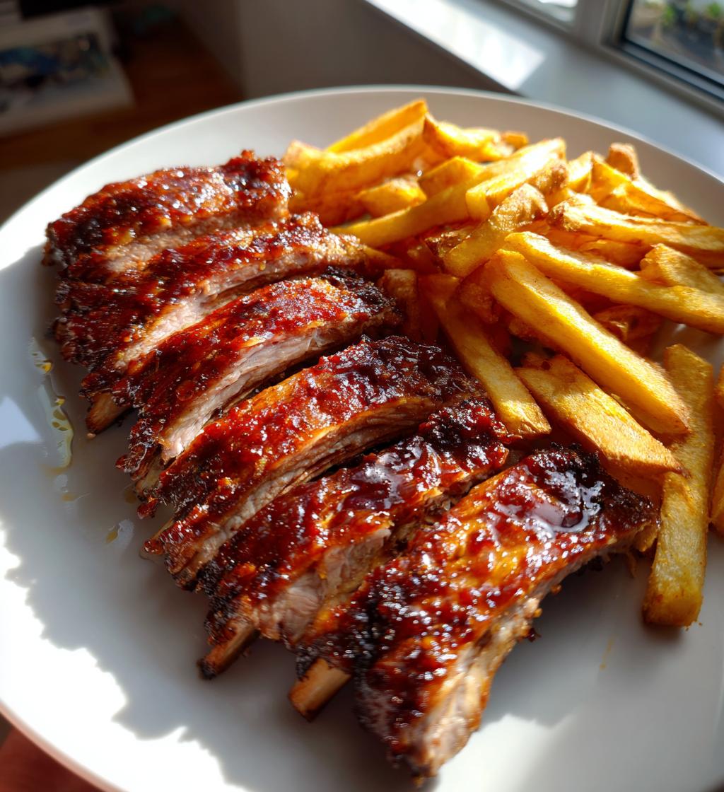 Tender Oven-Baked Ribs with honey glaze and crispy fries