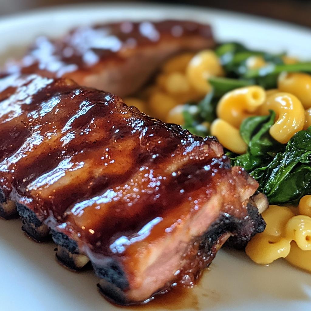 Tender Oven-Baked Ribs with mac and cheese and sautéed spinach