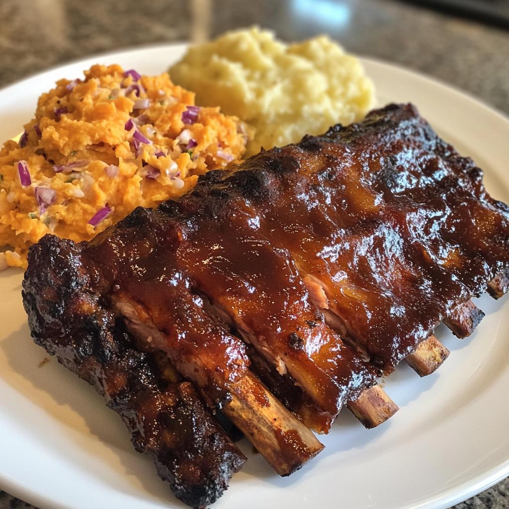 Tender Oven-Baked Ribs with mashed sweet potatoes and coleslaw