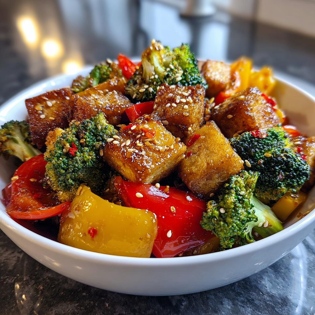 Veggie-loaded stir-fry with tofu, broccoli, bell peppers and sesame-garlic sauce.