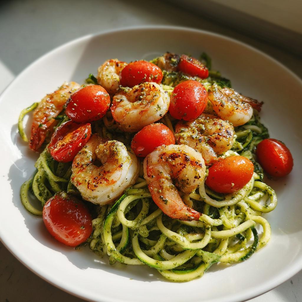 Zucchini noodle pesto with cherry tomatoes and grilled shrimp .