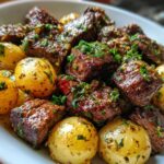 air fryer garlic butter steak bites & potatoes
