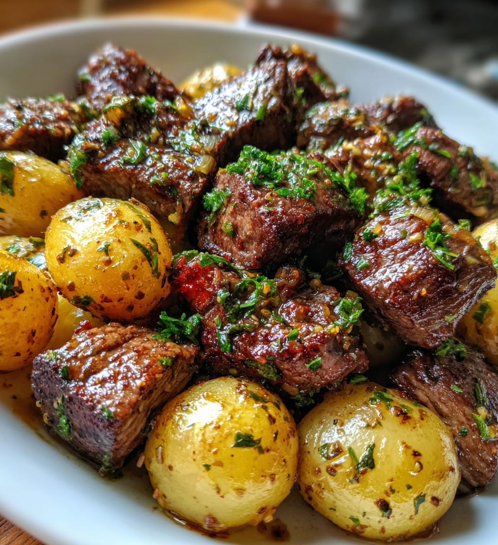 air fryer garlic butter steak bites & potatoes