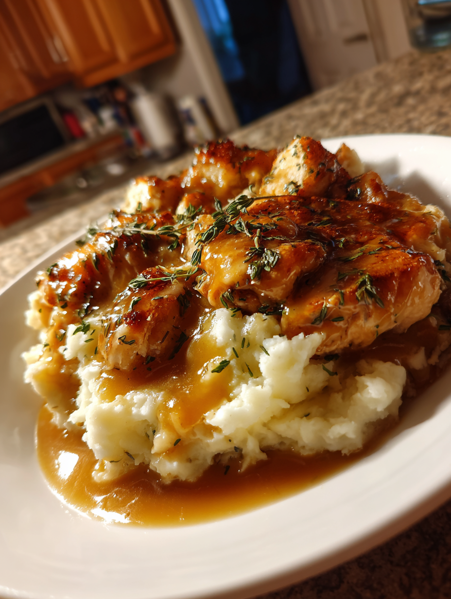 chicken with gravy over mashed potatoes: a delicious comfort meal